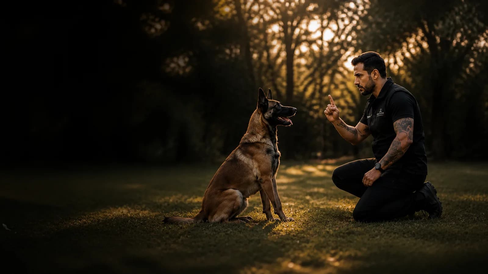 Adestrador orientando um cão em um parque