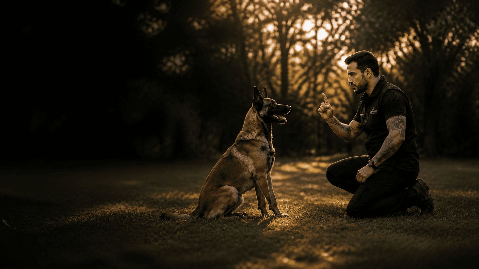 Adestrador orientando um cão em um parque